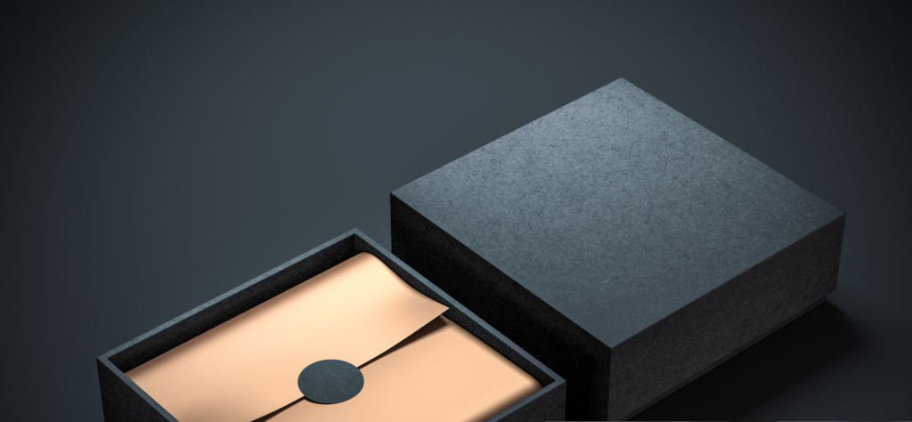 Two Square Black Boxes Mockup with golden wrapping paper, opened and closed, 3d rendering