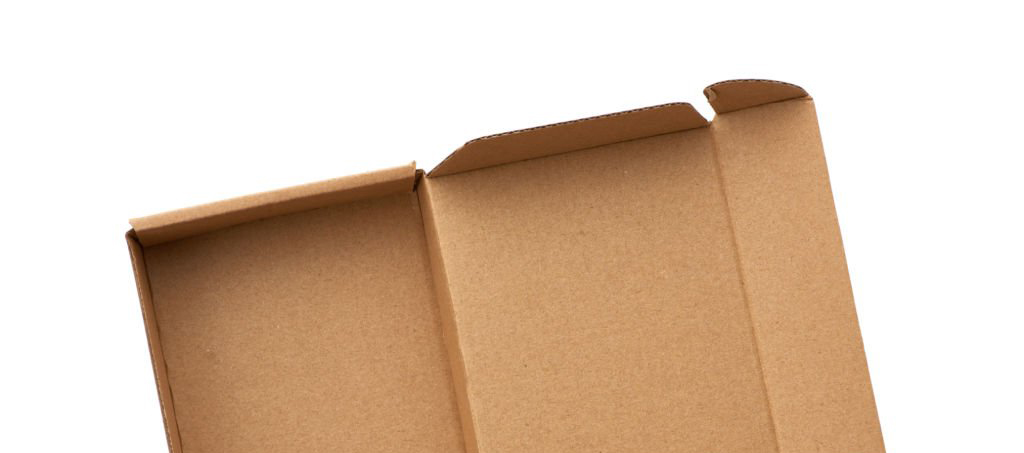 open rectangular small brown box for transporting goods isolated on a white background, top view